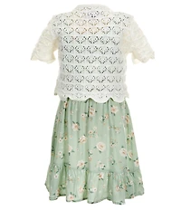 I.N. Girl Little Girls Short-Sleeve Novelty-Stitched Crocheted Cardigan & Sleeveless Floral-Printed Fit-And-Flare Dress Set