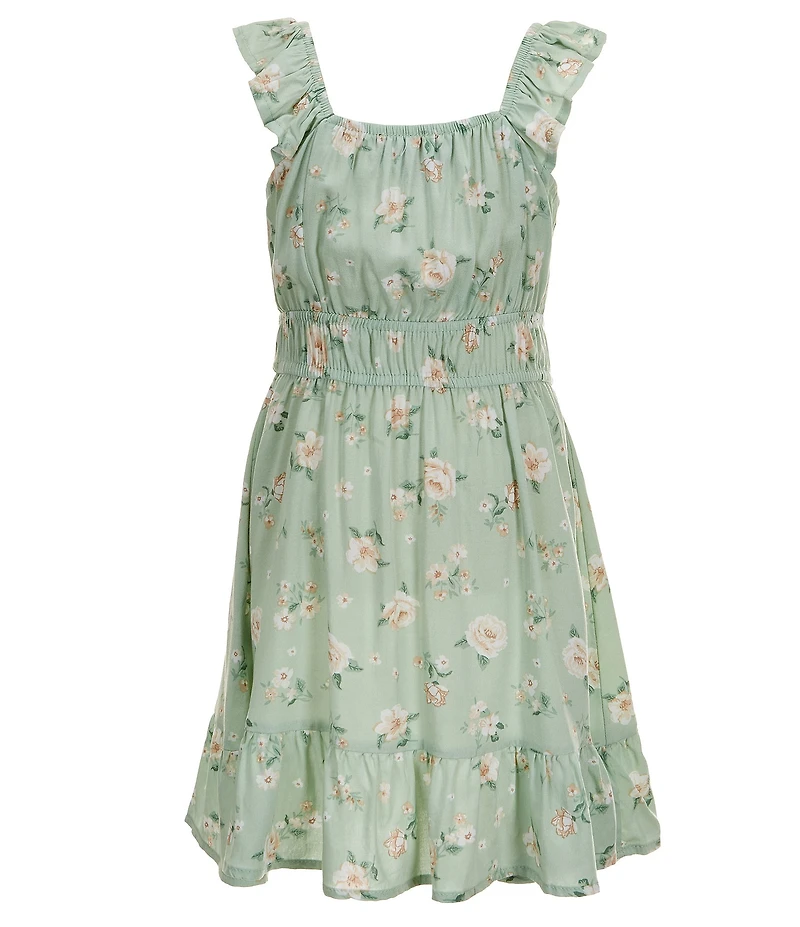 I.N. Girl Little Girls Short-Sleeve Novelty-Stitched Crocheted Cardigan & Sleeveless Floral-Printed Fit-And-Flare Dress Set