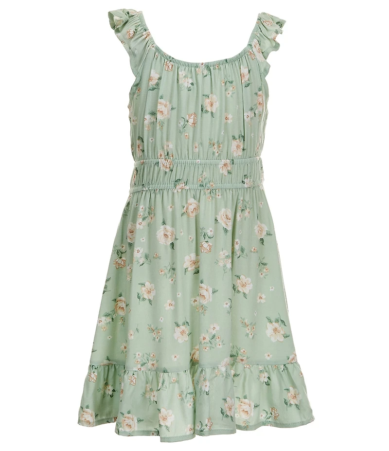 I.N. Girl Little Girls Short-Sleeve Novelty-Stitched Crocheted Cardigan & Sleeveless Floral-Printed Fit-And-Flare Dress Set