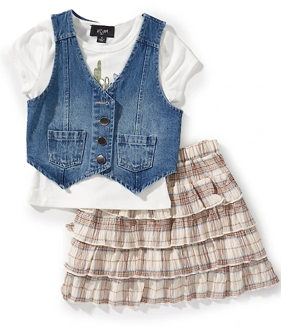I.N. Girl Little Girls Sleeveless Denim Vest, Short-Sleeve Graphic T-Shirt & Plaid Tiered Skirt Set