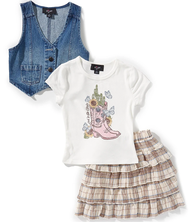 I.N. Girl Little Girls Sleeveless Denim Vest, Short-Sleeve Graphic T-Shirt & Plaid Tiered Skirt Set