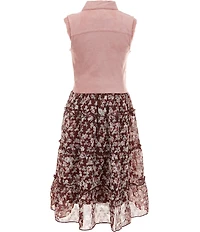 I.N. Girl Little Girls Sleeveless Solid Faux-Suede Trucker Vest & Sleeveless Rib-Knit/Floral Dress Set