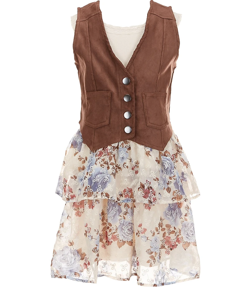 I.N. Girl Little Girls Sleeveless Solid Patch Pocket Vest & Sleeveless Rib-Knit/Floral Dress Set