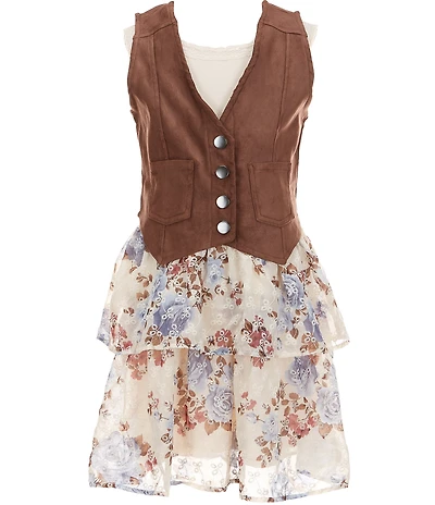 I.N. Girl Little Girls Sleeveless Solid Patch Pocket Vest & Sleeveless Rib-Knit/Floral Dress Set