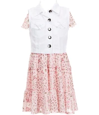 I.N. Girl Little Girls Sleeveless Twill Vest & Short Sleeve Floral Patterned Power Mesh Fit-And-Flare Dress