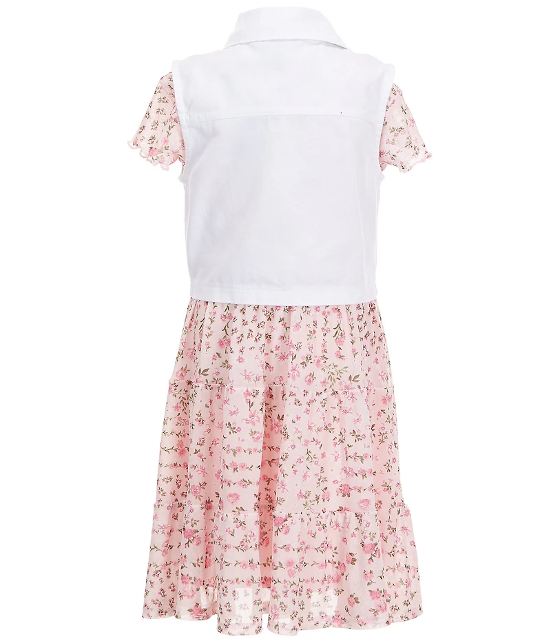 I.N. Girl Little Girls Sleeveless Twill Vest & Short Sleeve Floral Patterned Power Mesh Fit-And-Flare Dress