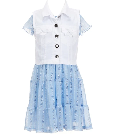 I.N. Girl Little Girls Sleeveless Twill Vest & Short Sleeve Patterned Power Mesh Fit-And-Flare Dress