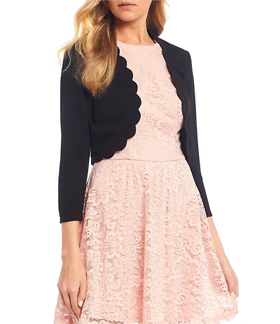 3/4 Sleeve Scalloped Hem Cropped Cardigan