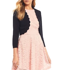 3/4 Sleeve Scalloped Hem Cropped Cardigan