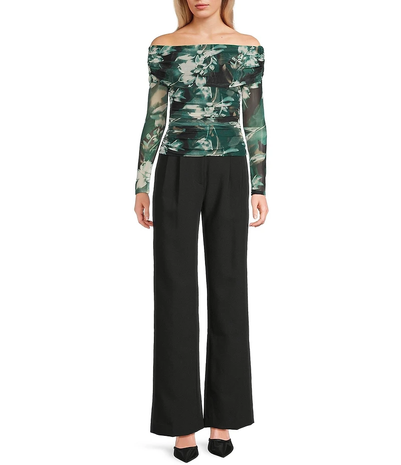 I.N. San Francisco Abstract Floral Off The Shoulder Long Sleeve Shirred Side Top