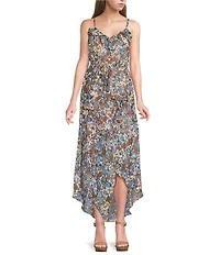 I.N. San Francisco Abstract Floral Printed Asymmetrical Ruffled Midi Dress