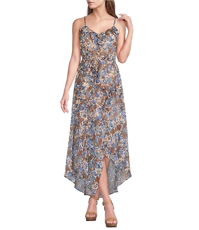 I.N. San Francisco Abstract Floral Printed Asymmetrical Ruffled Midi Dress