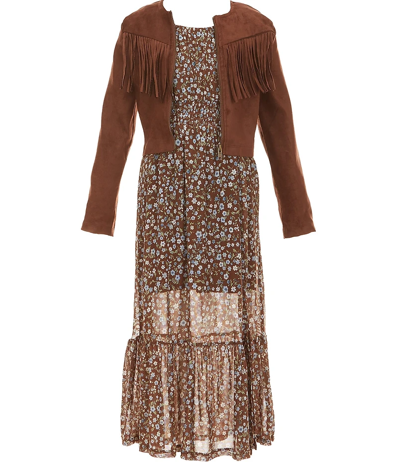 I.N. San Francisco Big Girls Long Sleeve Fringe Suede Jacket & Allover Printed Maxi Dress