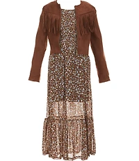 I.N. San Francisco Big Girls Long Sleeve Fringe Suede Jacket & Allover Printed Maxi Dress