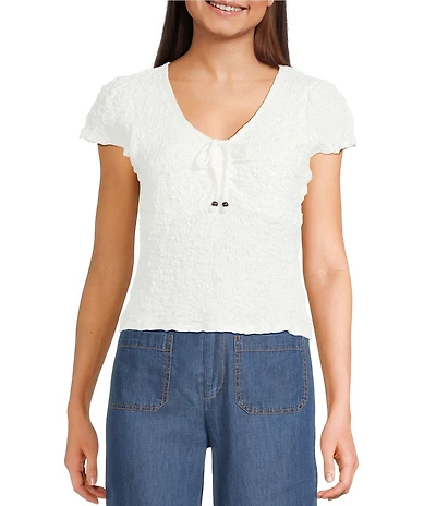 I.N. San Francisco V-Neck Shirred Tie Front Short Sleeve Top