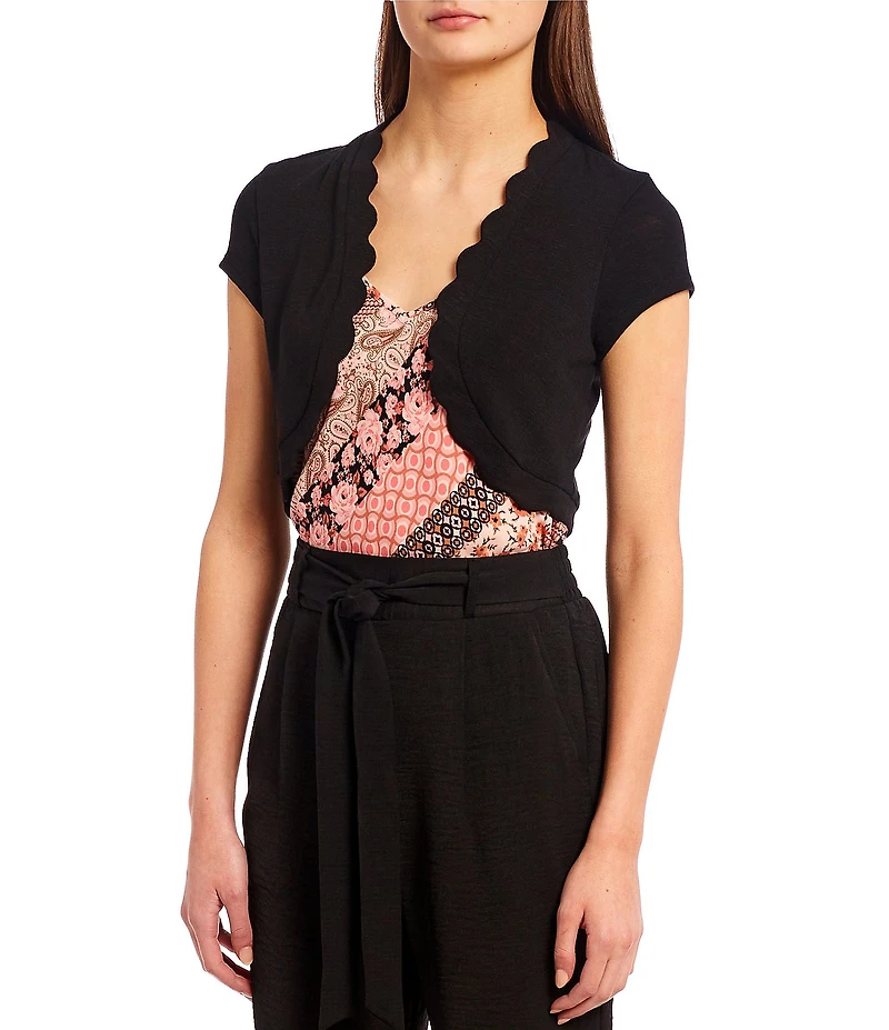 I.N. San Francisco Cap Sleeve Open-Front Scalloped Knit Shrug Sweater