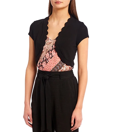 I.N. San Francisco Cap Sleeve Open-Front Scalloped Knit Shrug Sweater
