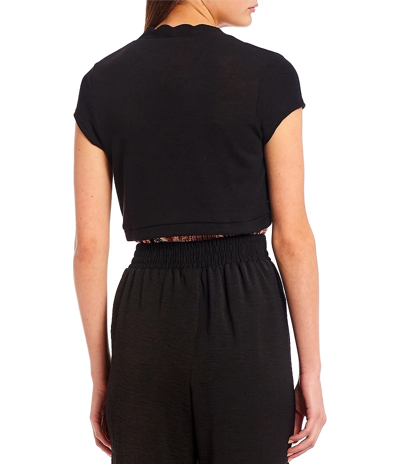I.N. San Francisco Cap Sleeve Open-Front Scalloped Knit Shrug Sweater