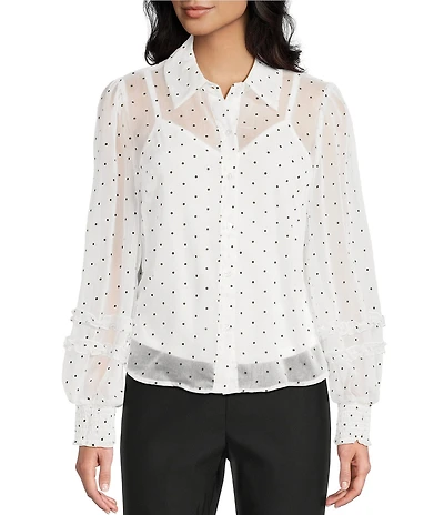 I.N. San Francisco Collared Long Puff Sleeve Button Front Ruffled Cuffed Top