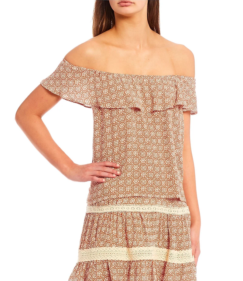 I.N. San Francisco Coordinating Floral Medallion Off-The-Shoulder Ruffle Popover Blouse