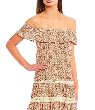 I.N. San Francisco Coordinating Floral Medallion Off-The-Shoulder Ruffle Popover Blouse