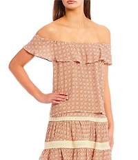 I.N. San Francisco Coordinating Floral Medallion Off-The-Shoulder Ruffle Popover Blouse