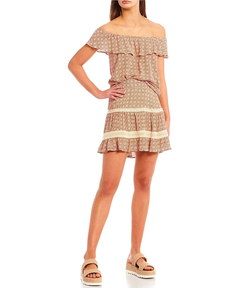 I.N. San Francisco Coordinating Floral Medallion Off-The-Shoulder Ruffle Popover Blouse