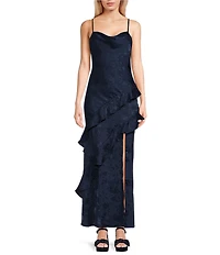 I.N. San Francisco Drape Neck Asymmetrical Ruffled Maxi Slip Dress