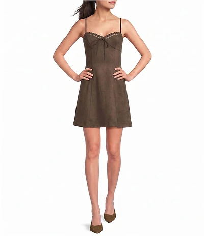 I.N. San Francisco Faux Suede Sweetheart Neck Grommet A-line Dress