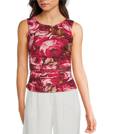 I.N. San Francisco Floral Print Boat Neck Side Shirred Top