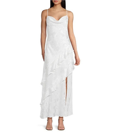 I.N. San Francisco Floral Print Cowl Neck Asymmetrical Ruffled Front Slit Long Dress