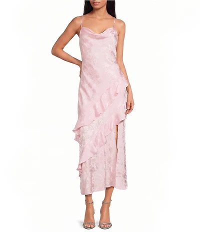 I.N. San Francisco Floral Print Cowl Neck Asymmetrical Ruffled Front Slit Long Dress