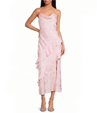 I.N. San Francisco Floral Print Cowl Neck Asymmetrical Ruffled Front Slit Long Dress