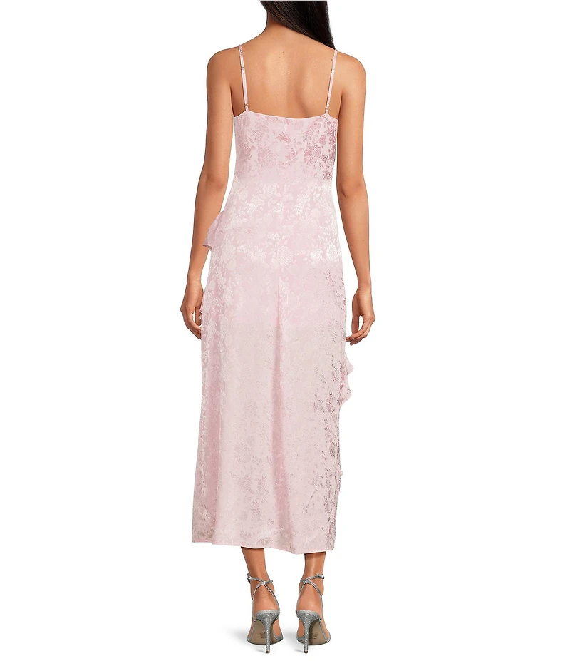 I.N. San Francisco Floral Print Cowl Neck Asymmetrical Ruffled Front Slit Long Dress