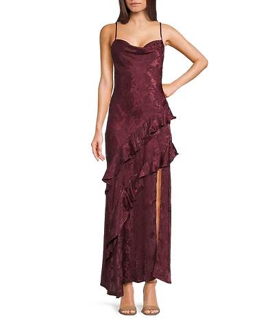 I.N. San Francisco Floral Print Cowl Neck Asymmetrical Ruffled Front Slit Long Dress
