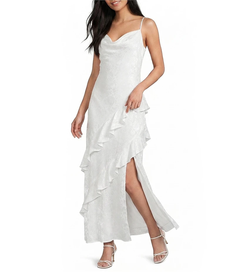 I.N. San Francisco Floral Print Cowl Neck Asymmetrical Ruffled Front Slit Long Dress