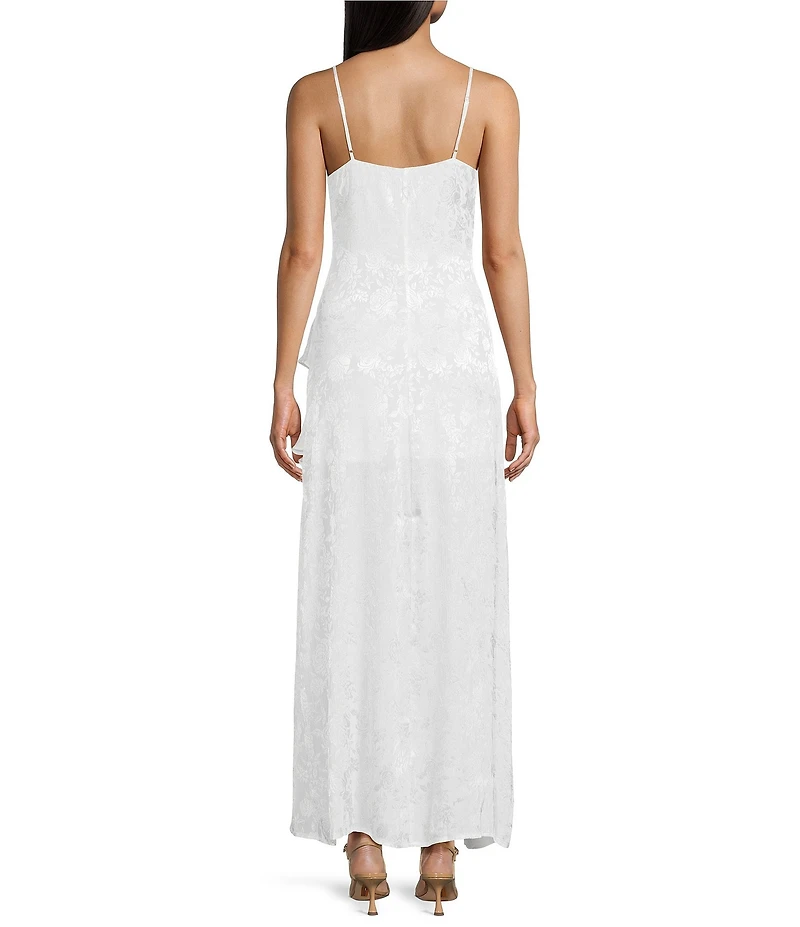 I.N. San Francisco Floral Print Cowl Neck Asymmetrical Ruffled Front Slit Long Dress
