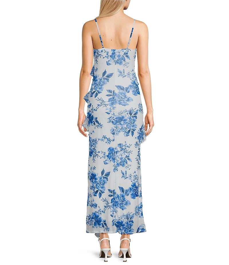 I.N. San Francisco Floral Print Flutter V-Neck Asymmetrical Ruffle Maxi Dress