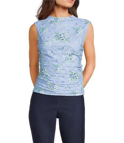 I.N. San Francisco Floral Print Mock Neck Sleeveless Shirred Side Top