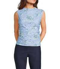 I.N. San Francisco Floral Print Mock Neck Sleeveless Shirred Side Top