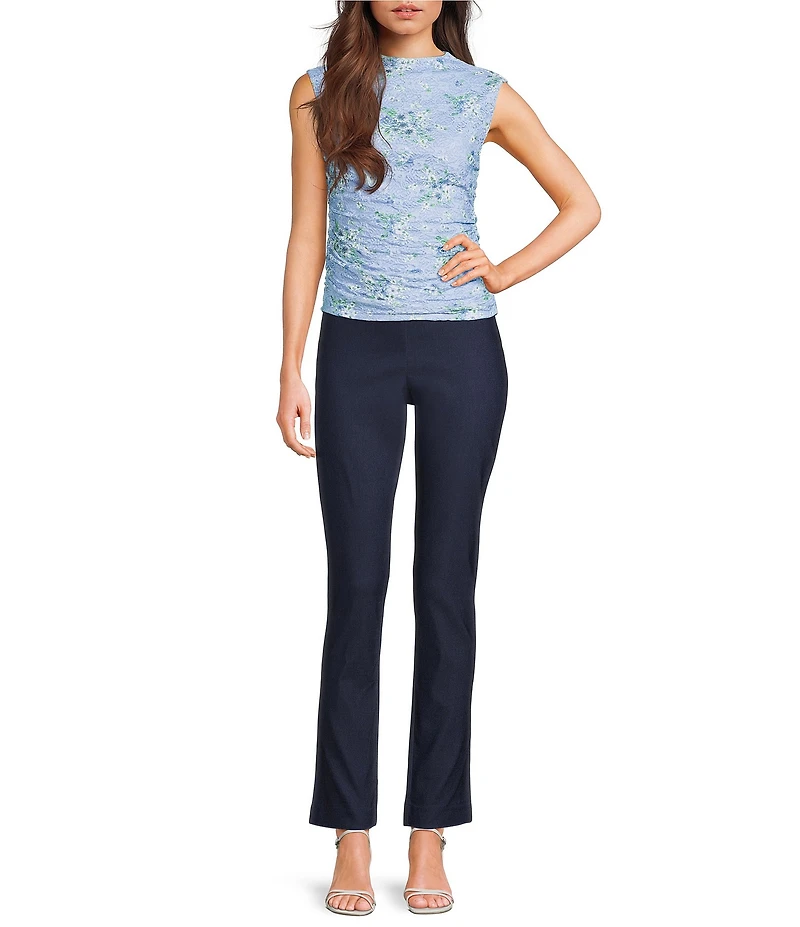 I.N. San Francisco Floral Print Mock Neck Sleeveless Shirred Side Top