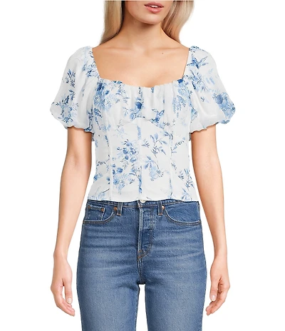 I.N. San Francisco Floral Print Short Puff Sleeve Scoop Neck Pleat Bust Top