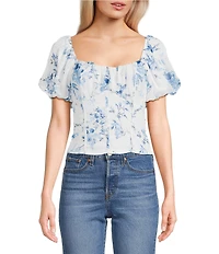 I.N. San Francisco Floral Print Short Puff Sleeve Scoop Neck Pleat Bust Top