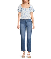 I.N. San Francisco Floral Print Short Puff Sleeve Scoop Neck Pleat Bust Top