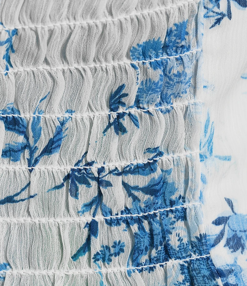 I.N. San Francisco Floral Print Short Puff Sleeve Scoop Neck Pleat Bust Top