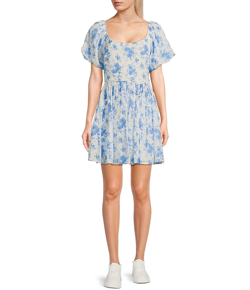 I.N. San Francisco Floral Print Square Neck Bubble Sleeve Smocked Back Dress