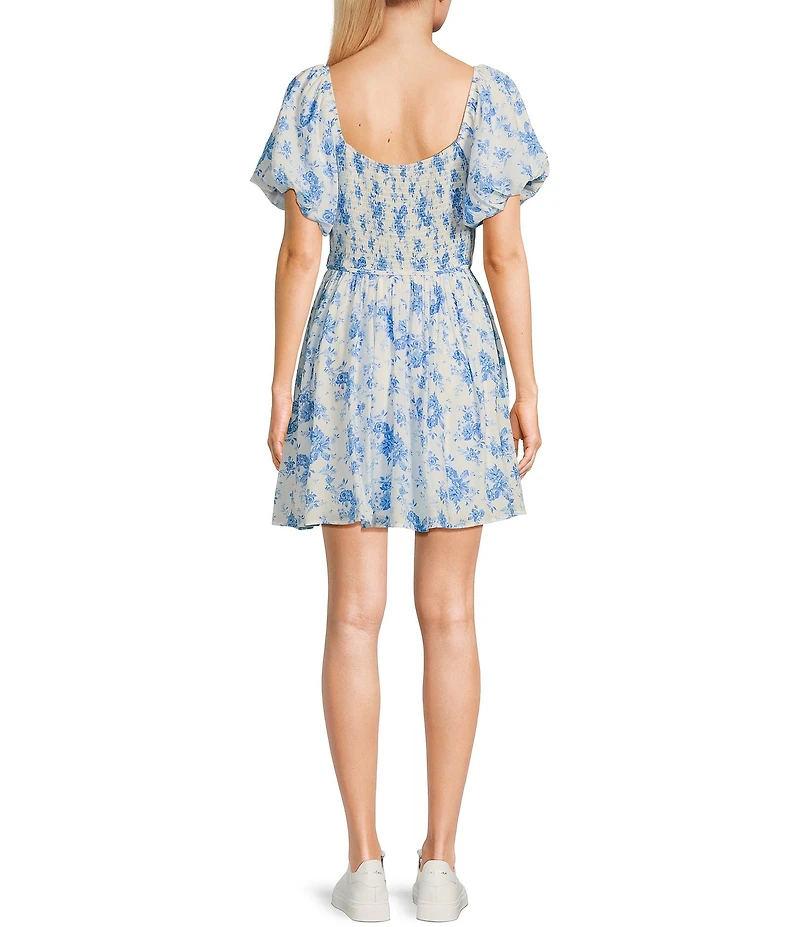 I.N. San Francisco Floral Print Square Neck Bubble Sleeve Smocked Back Dress