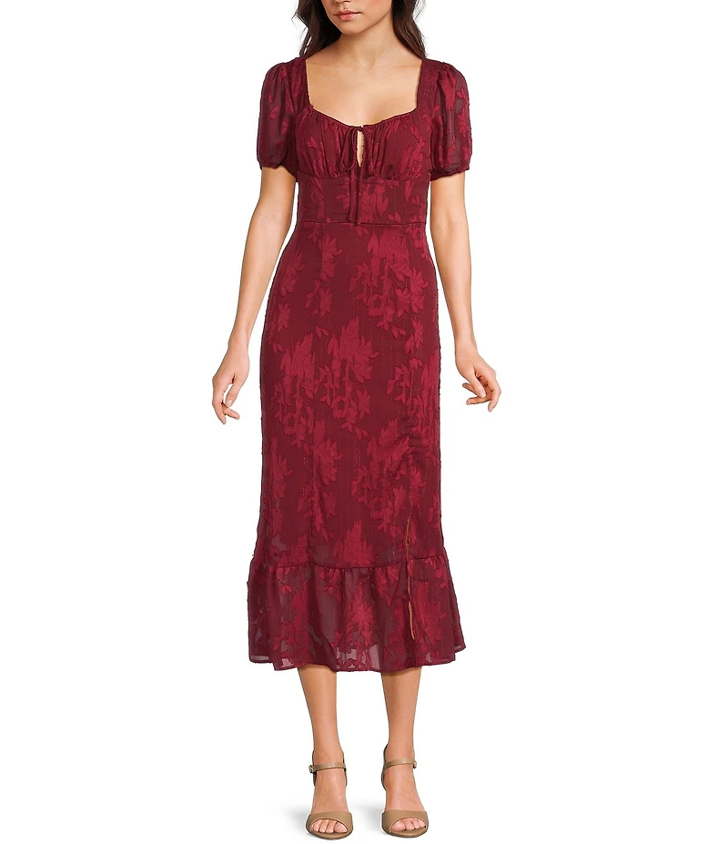 I.N. San Francisco Floral Print Sweetheart Neck Short Puff Sleeve Tie Front Midi Dress
