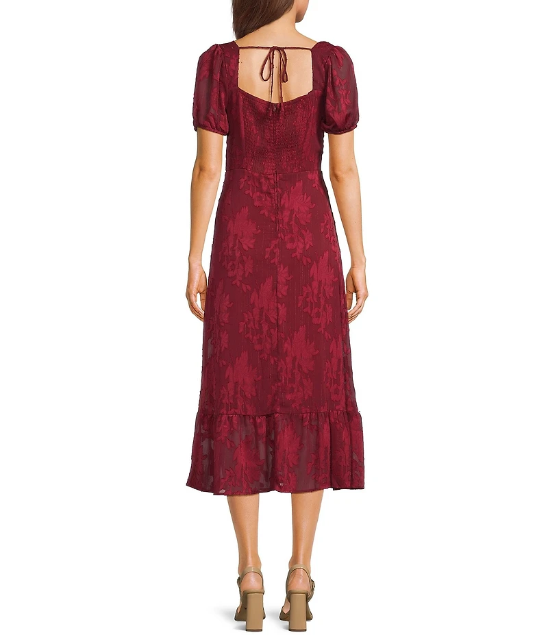 I.N. San Francisco Floral Print Sweetheart Neck Short Puff Sleeve Tie Front Midi Dress