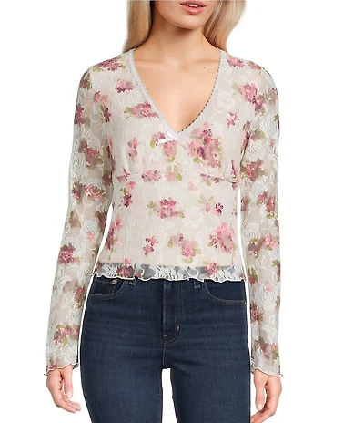 I.N. San Francisco Floral Print V-Neck Long Flare Sleeve Top